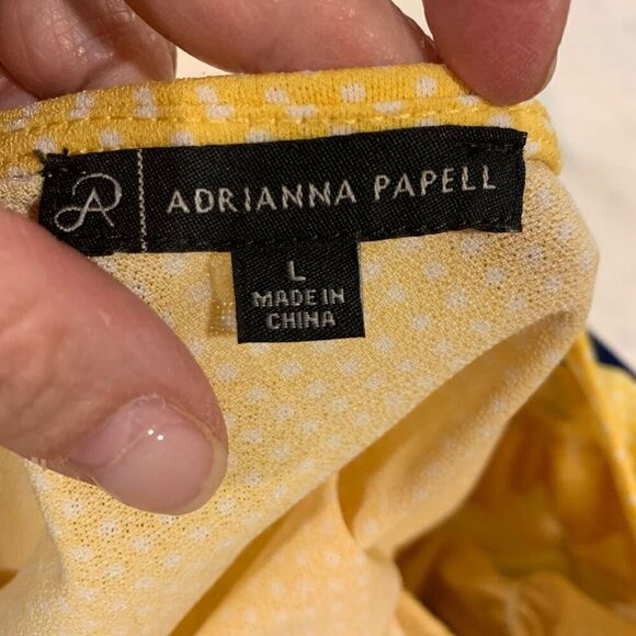 Adrianna Papell Polka Dot Blouse Stretchy Caterpillar 3/4 Sleeve Yellow White Lg - Picture 2 of 7
